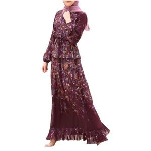 Annah Hariri Size 6 Singapore Modest Floral Maxi Dress Burgundy Boho Ruffle NWT